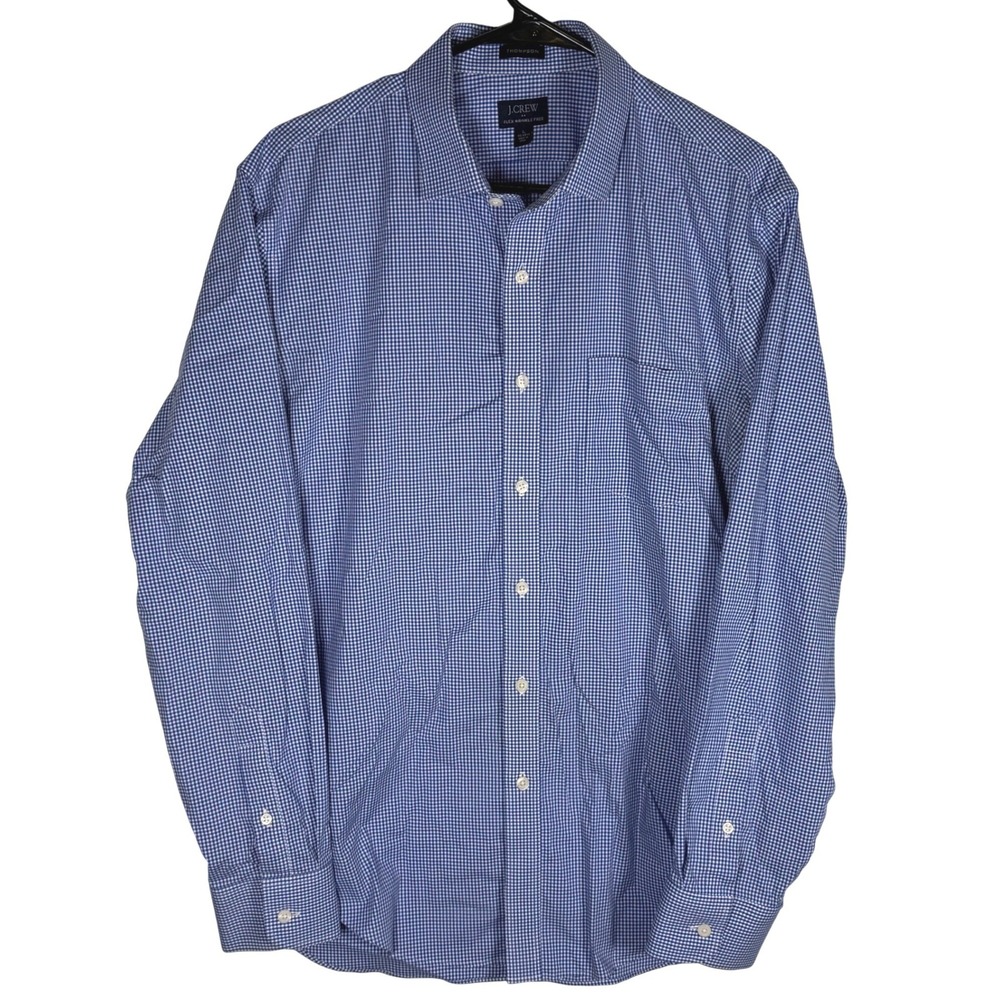 J.Crew Thompson Flex‎ Wrinkle Free Dress Shirt Large Blue Gingham Check Mens